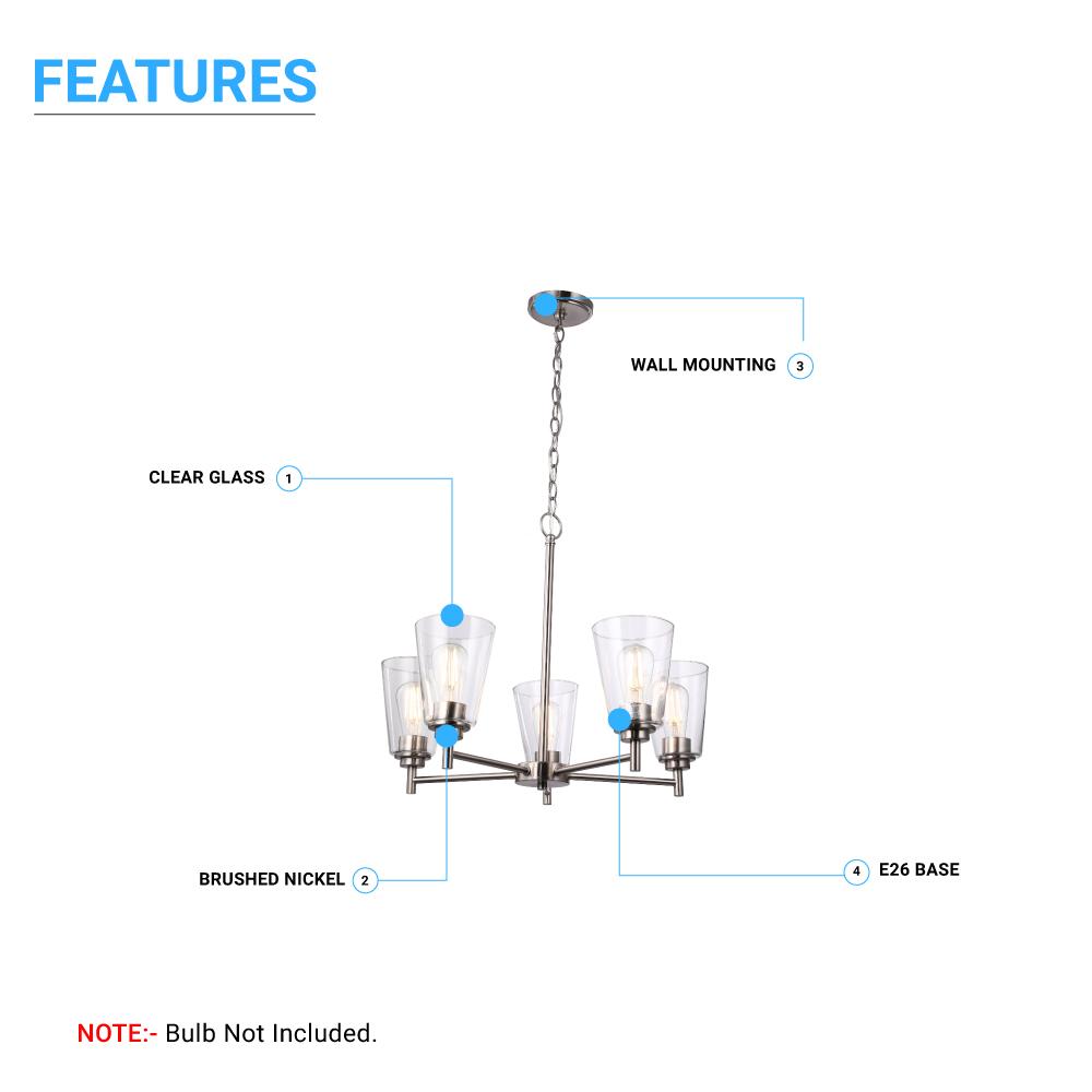 Flared Shape Chandelier Lighting Fixture with Clear Glass Shades, E26 Base, UL Listed for Damp Location, 3 Years Warranty - BUILDMYPLACE