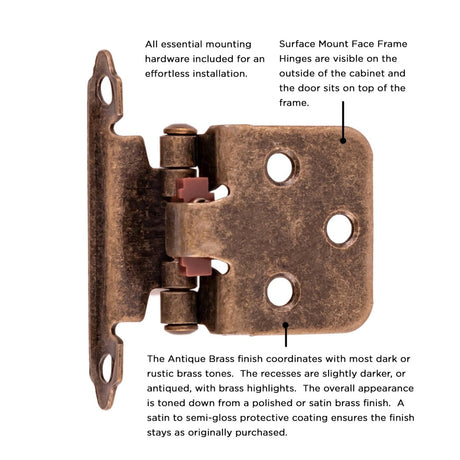 Flush Cabinet Hinges Surface Face Frame Self - Close (2 Hinges/Per Pack) in Antique Brass - Hickory Hardware - BUILDMYPLACE