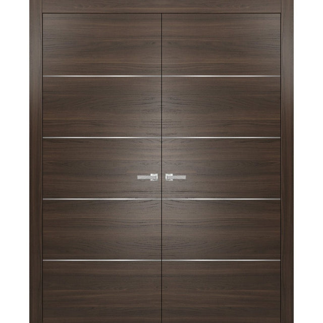 French Double Interior Doors with Hardware | Planum 0020 Chocolate Ash | Panel Frame Trims | Bathroom Bedroom Interior Sturdy Door - BUILDMYPLACE