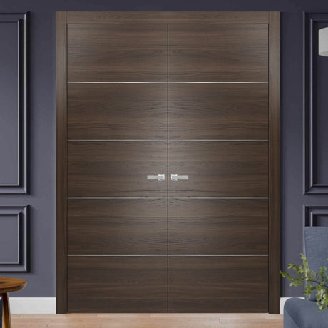 French Double Interior Doors with Hardware | Planum 0020 Chocolate Ash | Panel Frame Trims | Bathroom Bedroom Interior Sturdy Door - BUILDMYPLACE