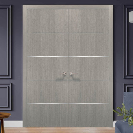 French Double Interior Doors with Hardware | Planum 0020 Grey Oak | Panel Frame Trims | Bathroom Bedroom Interior Sturdy Door - BUILDMYPLACE