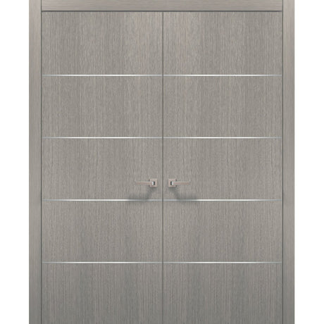 French Double Interior Doors with Hardware | Planum 0020 Grey Oak | Panel Frame Trims | Bathroom Bedroom Interior Sturdy Door - BUILDMYPLACE