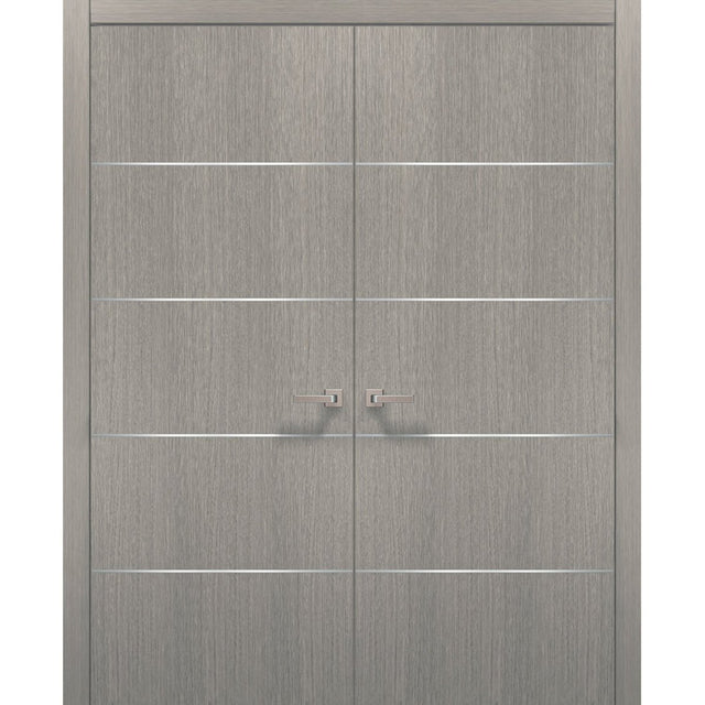 French Double Interior Doors with Hardware | Planum 0020 Grey Oak | Panel Frame Trims | Bathroom Bedroom Interior Sturdy Door - BUILDMYPLACE