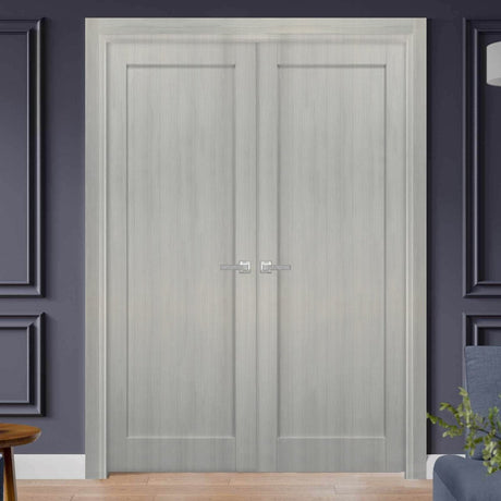 French Double Panel Doors with Hardware | Quadro 4111 Grey Ash | Panel Frame Trims | Bathroom Bedroom Interior Sturdy Door - BUILDMYPLACE