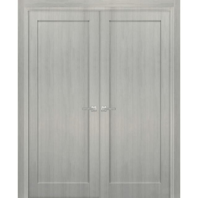 French Double Panel Doors with Hardware | Quadro 4111 Grey Ash | Panel Frame Trims | Bathroom Bedroom Interior Sturdy Door - BUILDMYPLACE
