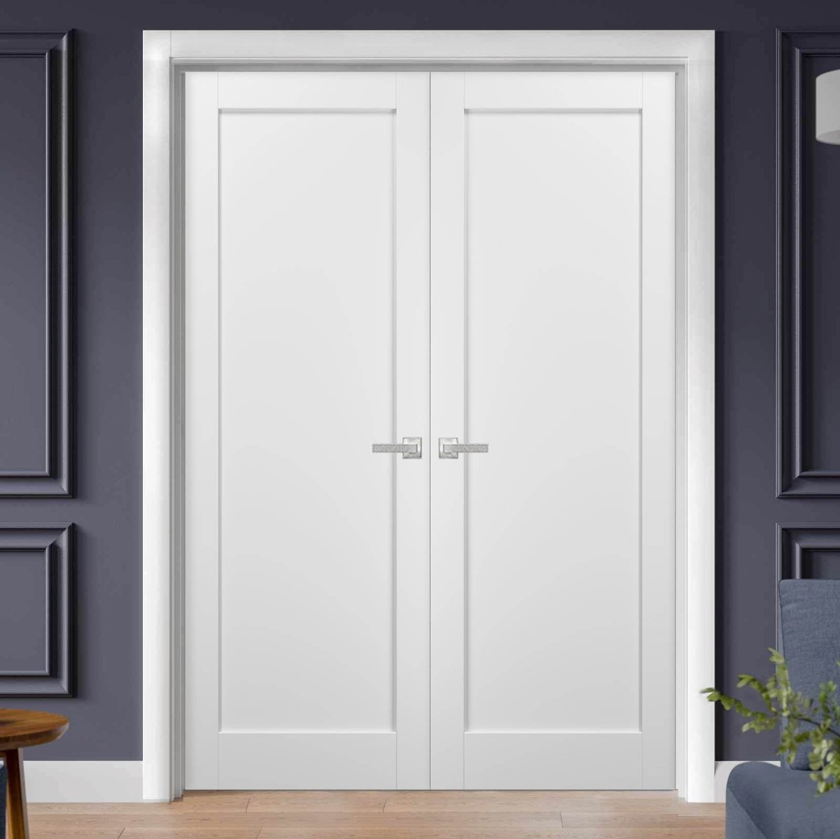 French Double Panel Doors with Hardware | Quadro 4111 White Silk | Panel Frame Trims | Bathroom Bedroom Interior Sturdy Door - BUILDMYPLACE