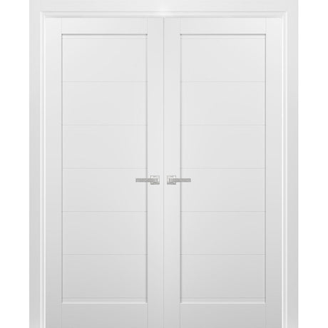 French Double Panel Doors with Hardware | Quadro 4115 White Silk | Panel Frame Trims | Bathroom Bedroom Interior Sturdy Door - BUILDMYPLACE