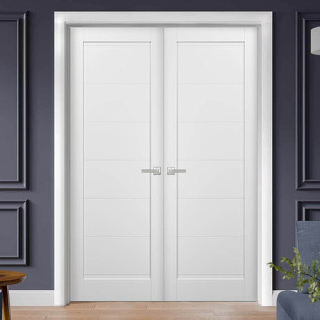 French Double Panel Doors with Hardware | Quadro 4115 White Silk | Panel Frame Trims | Bathroom Bedroom Interior Sturdy Door - BUILDMYPLACE