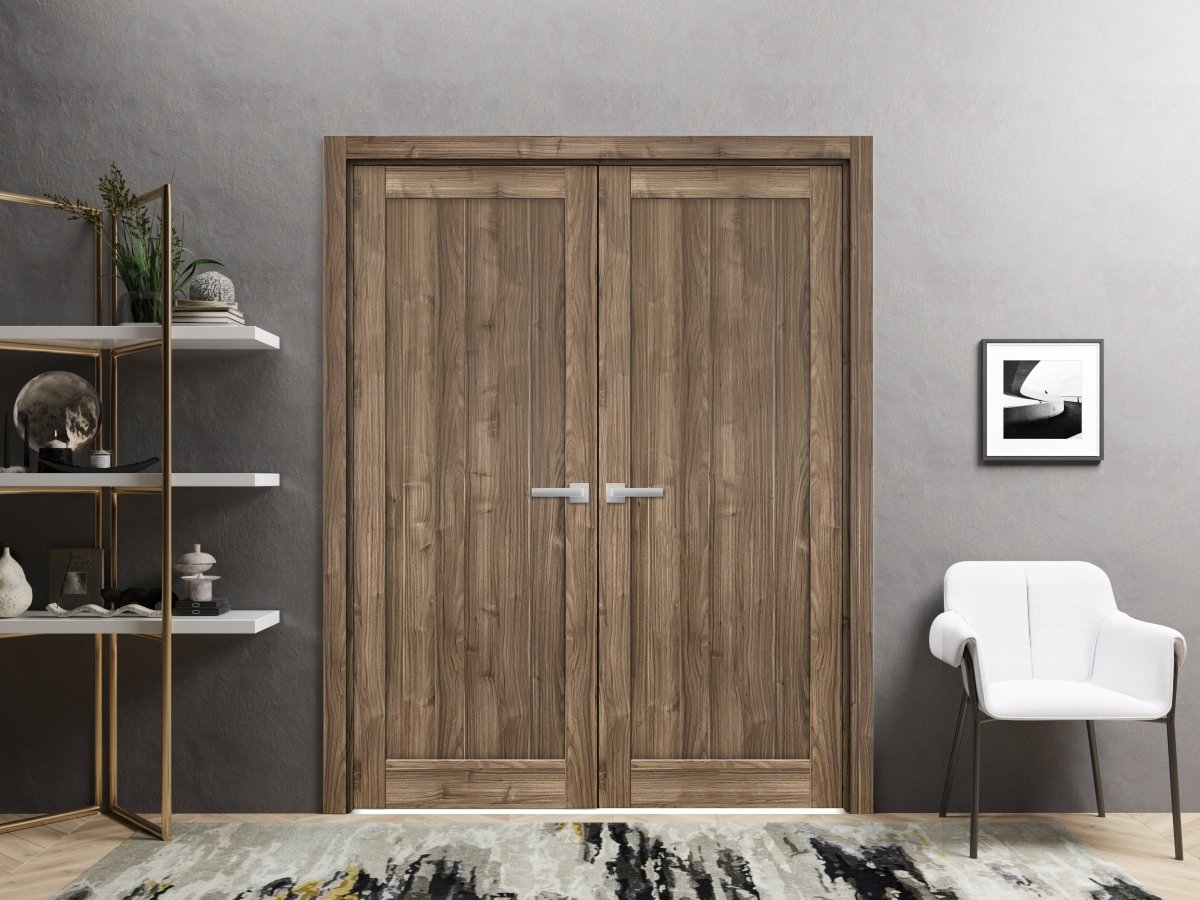 French Double Panel Lite Doors Hardware | Quadro 4111 Walnut | Panel Frame Trims | Bathroom Bedroom Interior Sturdy Door - BUILDMYPLACE