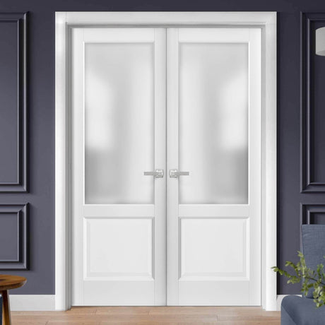 French Double Panel Lite Doors with Hardware | Lucia 22 White Silk with Frosted Opaque Glass | Panel Frame Trims | Bathroom Bedroom Interior Sturdy Door - BUILDMYPLACE
