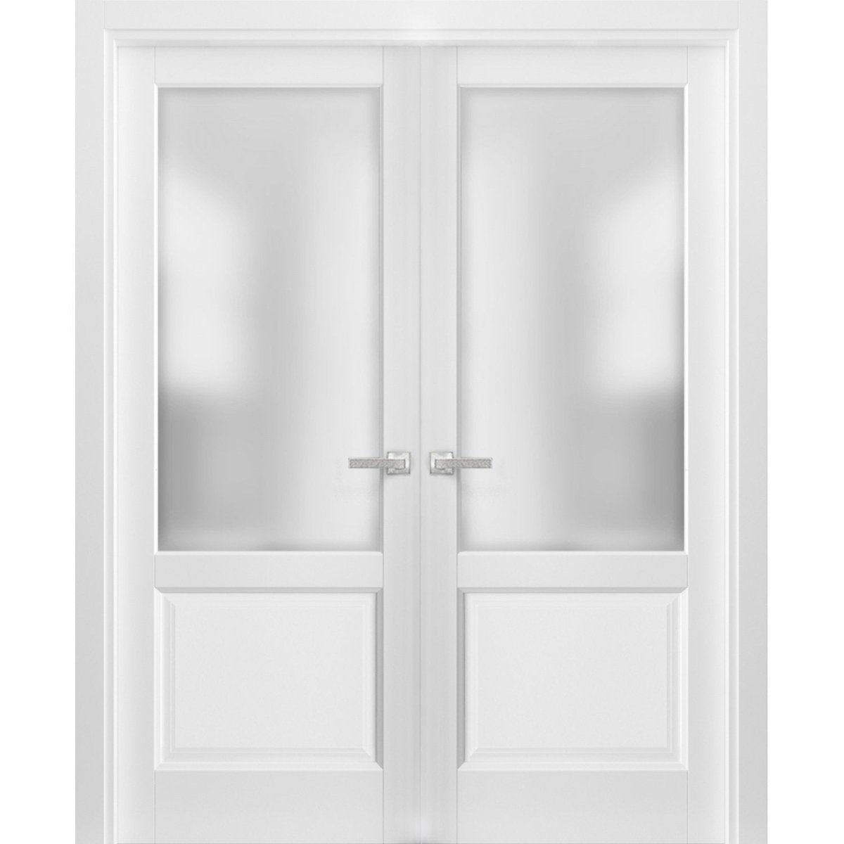 French Double Panel Lite Doors with Hardware | Lucia 22 White Silk with Frosted Opaque Glass | Panel Frame Trims | Bathroom Bedroom Interior Sturdy Door - BUILDMYPLACE