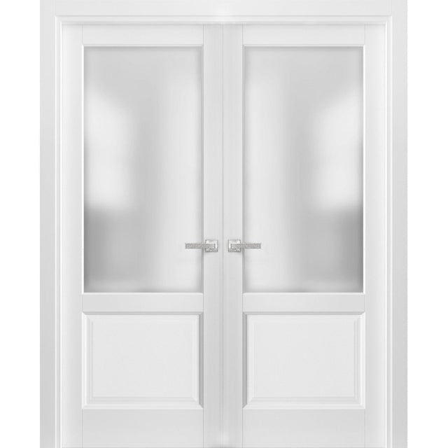 French Double Panel Lite Doors with Hardware | Lucia 22 White Silk with Frosted Opaque Glass | Panel Frame Trims | Bathroom Bedroom Interior Sturdy Door - BUILDMYPLACE