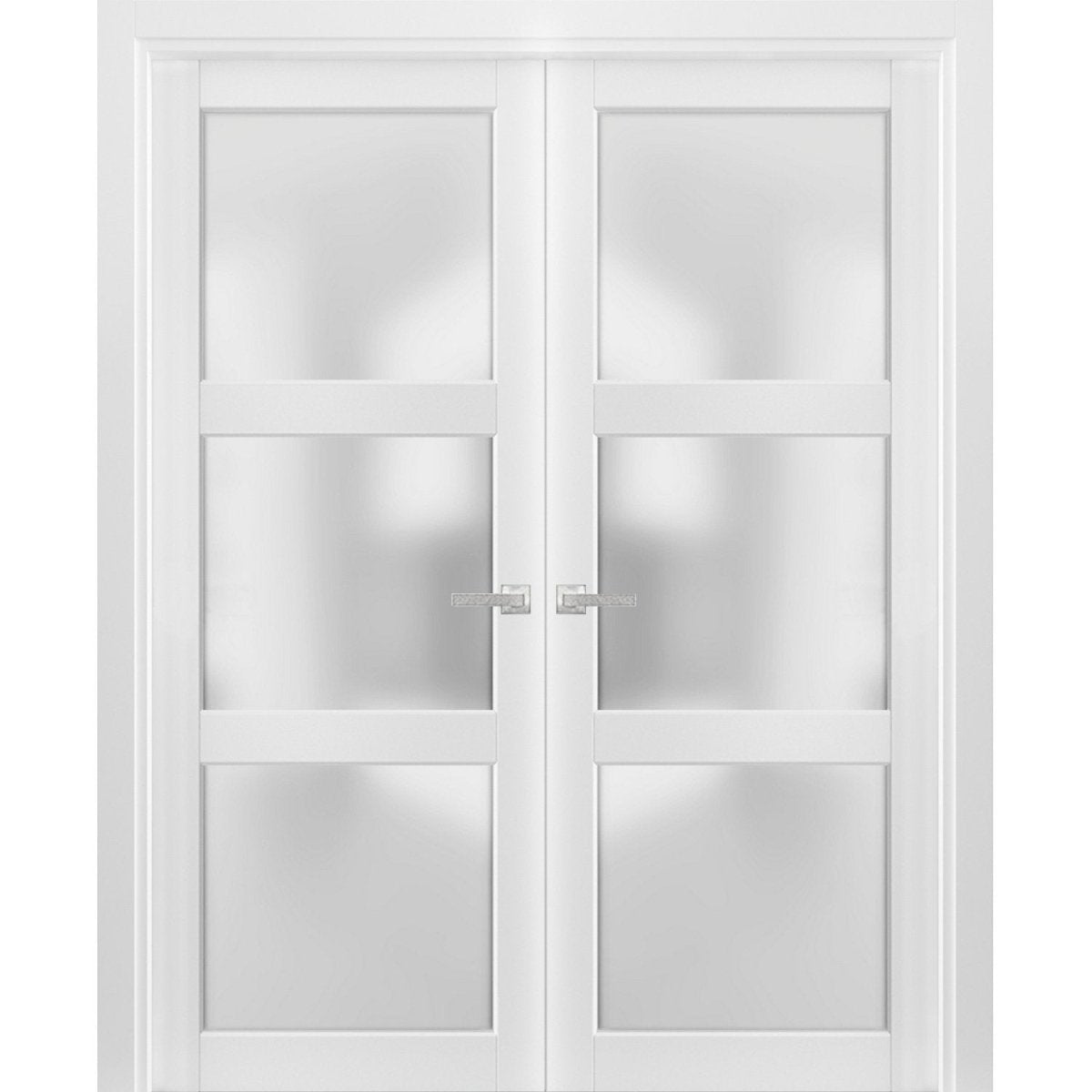 French Double Panel Lite Doors with Hardware | Lucia 2552 White Silk with Frosted Glass | Panel Frame Trims | Bathroom Bedroom Interior Sturdy Door - BUILDMYPLACE