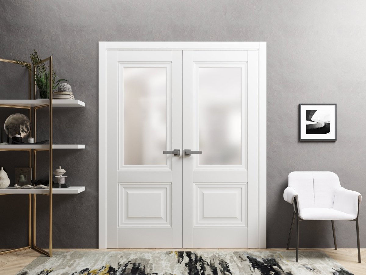 French Double Panel Lite Doors with Hardware | Lucia 8822 White Silk with Frosted Opaque Glass | Panel Frame Trims | Bathroom Bedroom Interior Sturdy Door - BUILDMYPLACE