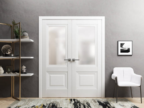 French Double Panel Lite Doors with Hardware | Lucia 8822 White Silk with Frosted Opaque Glass | Panel Frame Trims | Bathroom Bedroom Interior Sturdy Door - BUILDMYPLACE