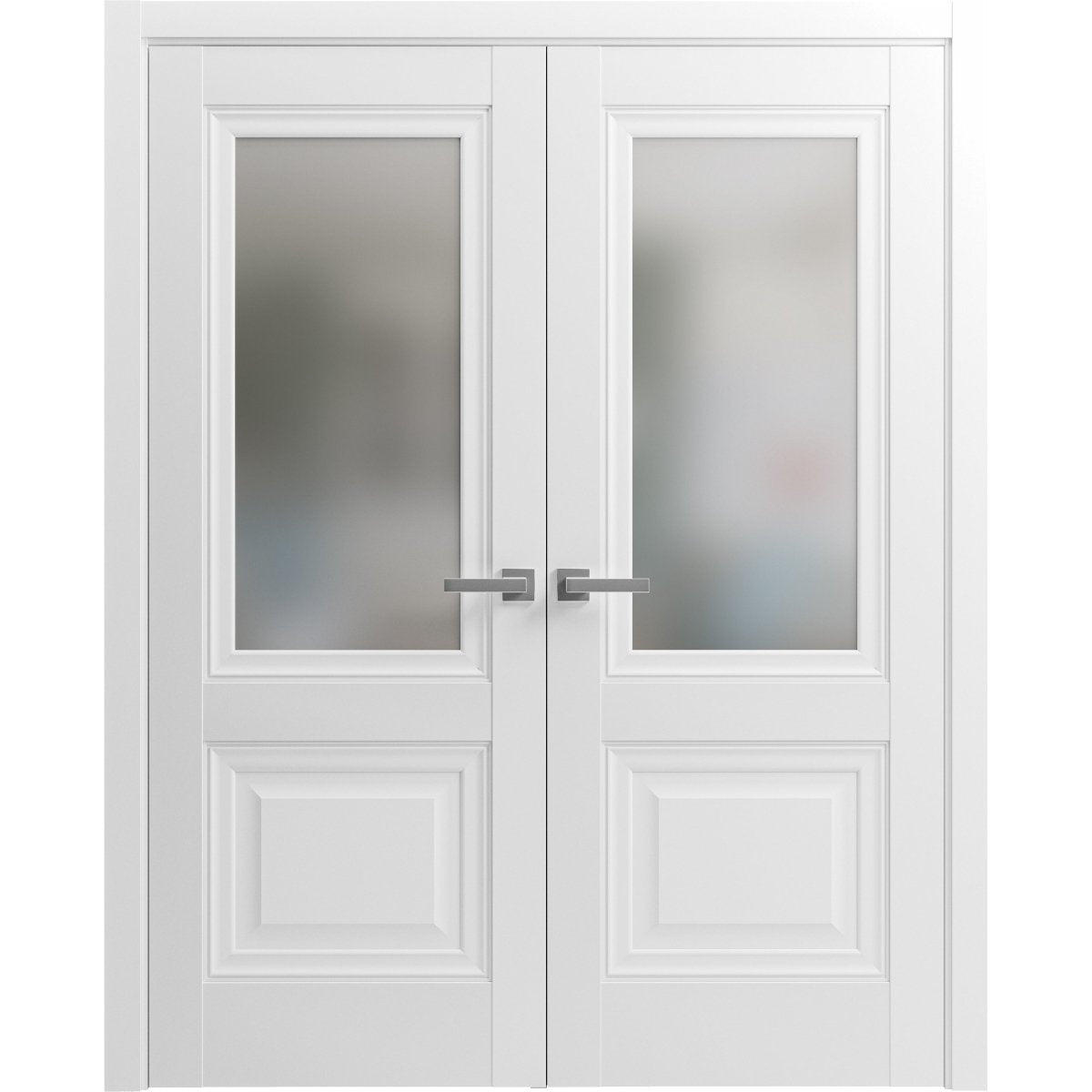 French Double Panel Lite Doors with Hardware | Lucia 8822 White Silk with Frosted Opaque Glass | Panel Frame Trims | Bathroom Bedroom Interior Sturdy Door - BUILDMYPLACE