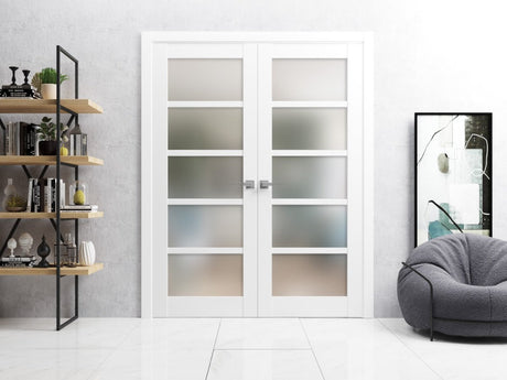 French Double Panel Lite Doors with Hardware | Quadro 4002 White Silk with Frosted Glass | Panel Frame Trims | Bathroom Bedroom Interior Sturdy Door - BUILDMYPLACE