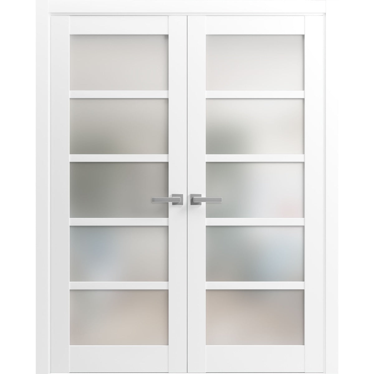 French Double Panel Lite Doors with Hardware | Quadro 4002 White Silk with Frosted Glass | Panel Frame Trims | Bathroom Bedroom Interior Sturdy Door - BUILDMYPLACE