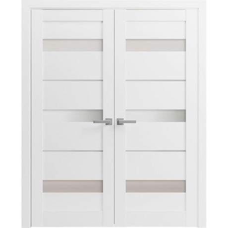 French Double Panel Lite Doors with Hardware | Quadro 4055 White Silk with Frosted Glass | Panel Frame Trims | Bathroom Bedroom Interior Sturdy Door - BUILDMYPLACE
