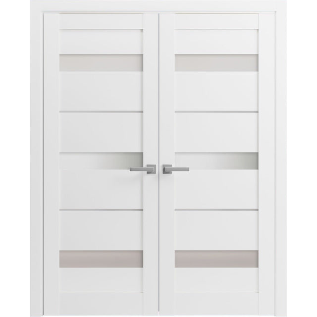 French Double Panel Lite Doors with Hardware | Quadro 4055 White Silk with Frosted Glass | Panel Frame Trims | Bathroom Bedroom Interior Sturdy Door - BUILDMYPLACE