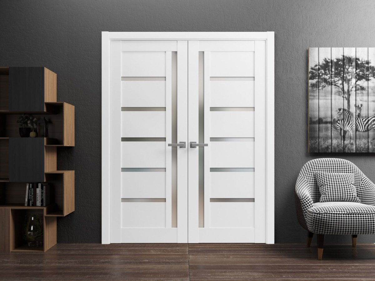 French Double Panel Lite Doors with Hardware | Quadro 4088 White Silk with Frosted Glass | Panel Frame Trims | Bathroom Bedroom Interior Sturdy Door - BUILDMYPLACE