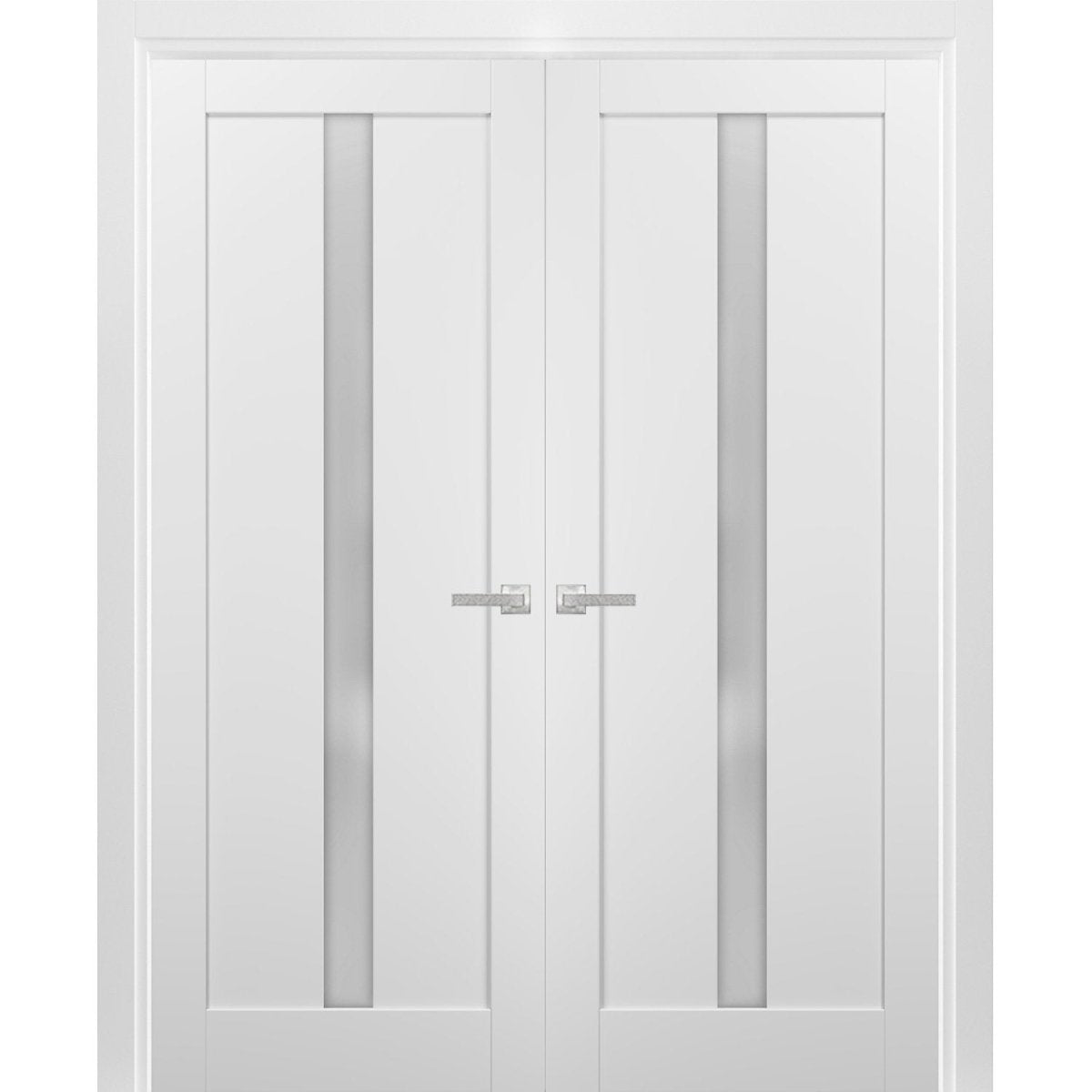 French Double Panel Lite Doors with Hardware | Quadro 4112 White Silk with Frosted Glass | Panel Frame Trims | Bathroom Bedroom Interior Sturdy Door - BUILDMYPLACE