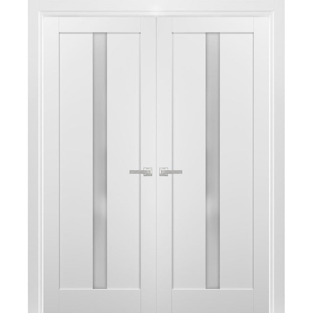 French Double Panel Lite Doors with Hardware | Quadro 4112 White Silk with Frosted Glass | Panel Frame Trims | Bathroom Bedroom Interior Sturdy Door - BUILDMYPLACE