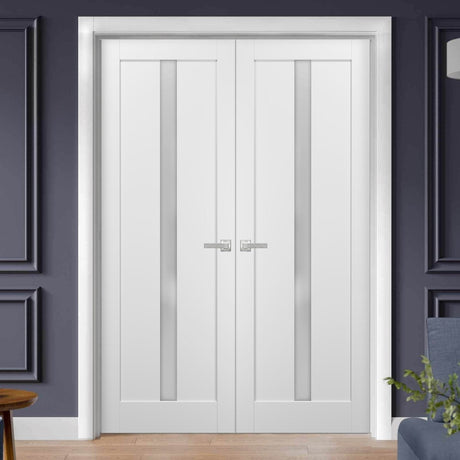 French Double Panel Lite Doors with Hardware | Quadro 4112 White Silk with Frosted Glass | Panel Frame Trims | Bathroom Bedroom Interior Sturdy Door - BUILDMYPLACE