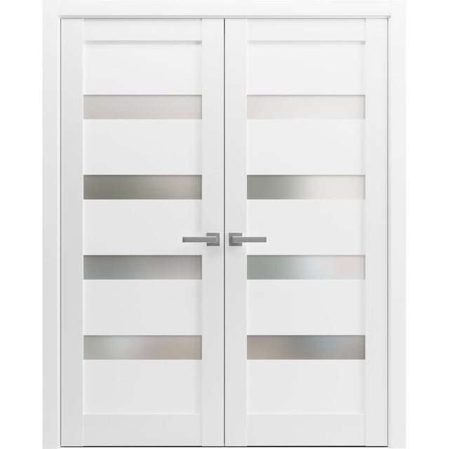 French Double Panel Lite Doors with Hardware | Quadro 4113 White Silk with Frosted Glass | Panel Frame Trims | Bathroom Bedroom Interior Sturdy Door - BUILDMYPLACE