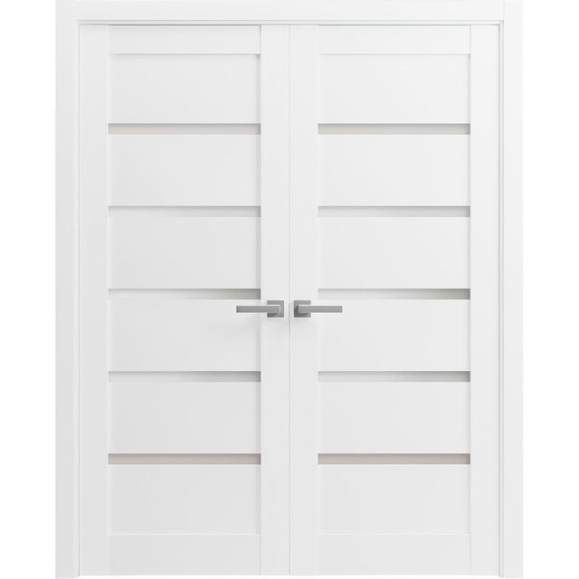 French Double Panel Lite Doors with Hardware | Quadro 4117 White Silk with Frosted Glass | Panel Frame Trims | Bathroom Bedroom Interior Sturdy Door - BUILDMYPLACE