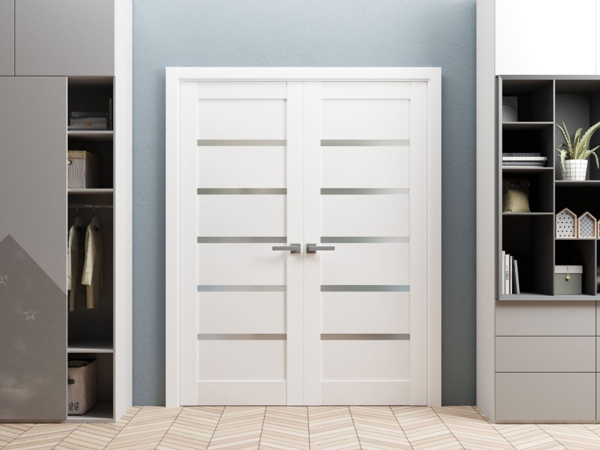 French Double Panel Lite Doors with Hardware | Quadro 4117 White Silk with Frosted Glass | Panel Frame Trims | Bathroom Bedroom Interior Sturdy Door - BUILDMYPLACE
