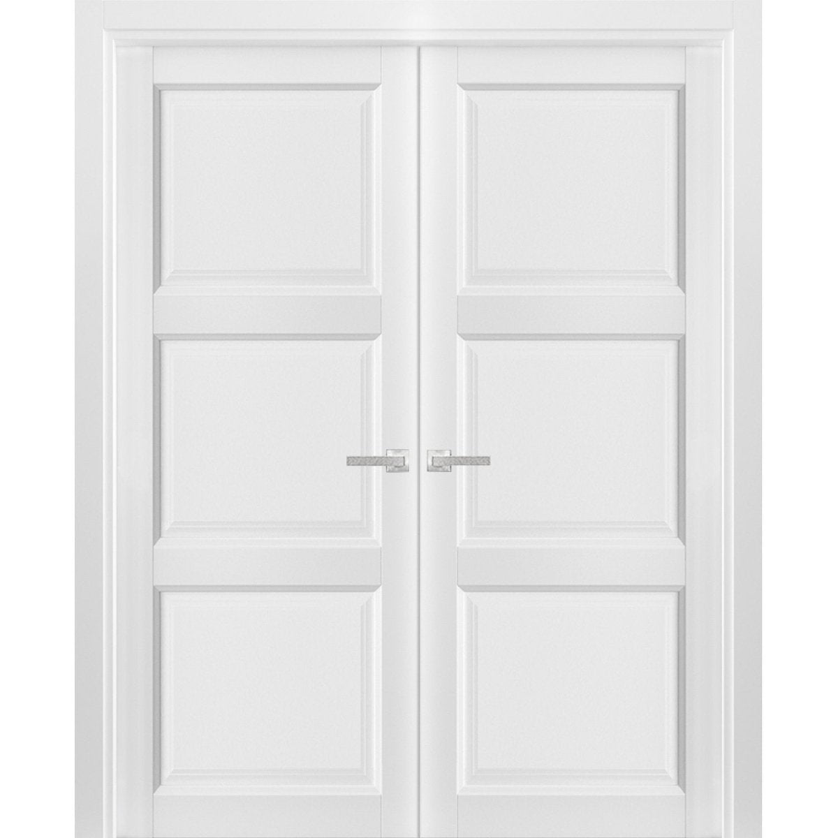 French Double Panel Solid Doors with Hardware | Lucia 2661 White Silk | Panel Frame Trims | Bathroom Bedroom Interior Sturdy Door - BUILDMYPLACE
