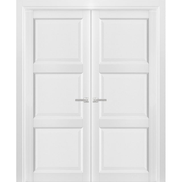 French Double Panel Solid Doors with Hardware | Lucia 2661 White Silk | Panel Frame Trims | Bathroom Bedroom Interior Sturdy Door - BUILDMYPLACE