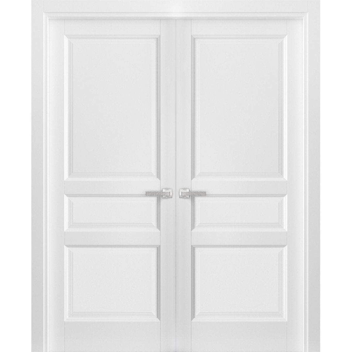 French Double Panel Solid Doors with Hardware | Lucia 31 White Silk | Panel Frame Trims | Bathroom Bedroom Interior Sturdy Door - BUILDMYPLACE