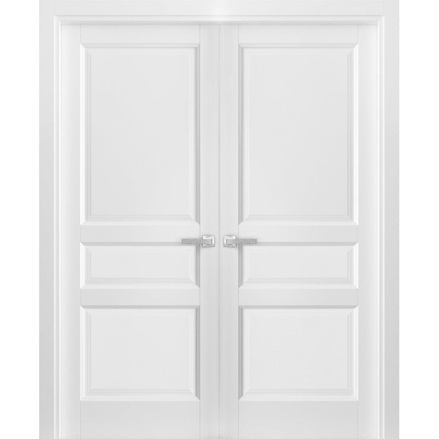 French Double Panel Solid Doors with Hardware | Lucia 31 White Silk | Panel Frame Trims | Bathroom Bedroom Interior Sturdy Door - BUILDMYPLACE
