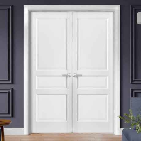 French Double Panel Solid Doors with Hardware | Lucia 31 White Silk | Panel Frame Trims | Bathroom Bedroom Interior Sturdy Door - BUILDMYPLACE