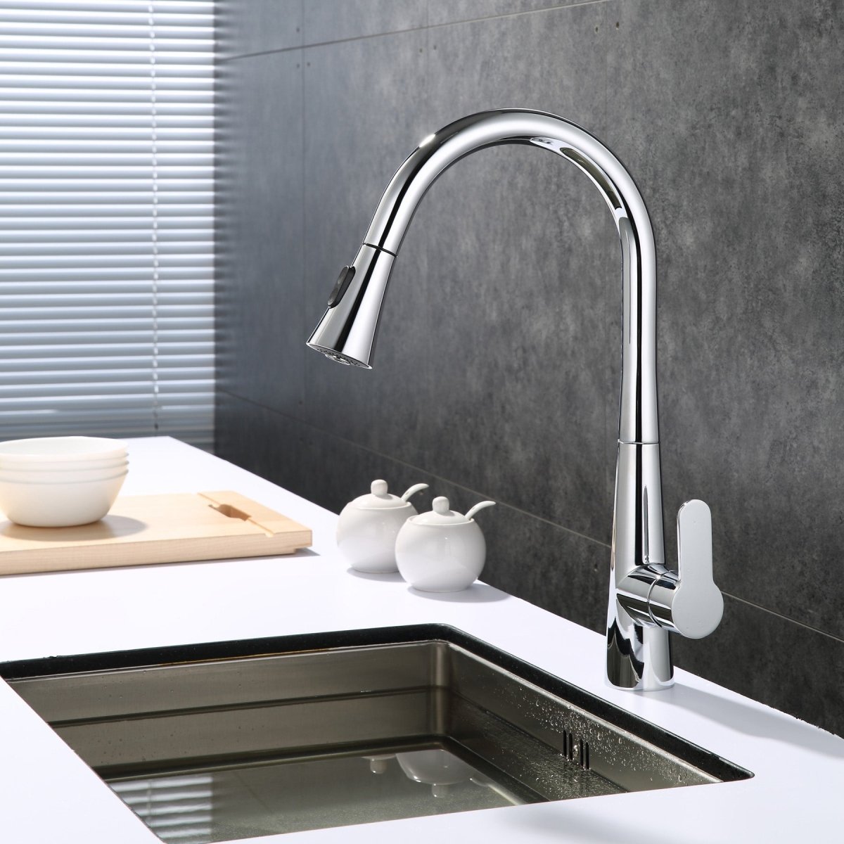 Furio Brass Kitchen Faucet w/ Pull Out Sprayer - Chrome - BUILDMYPLACE