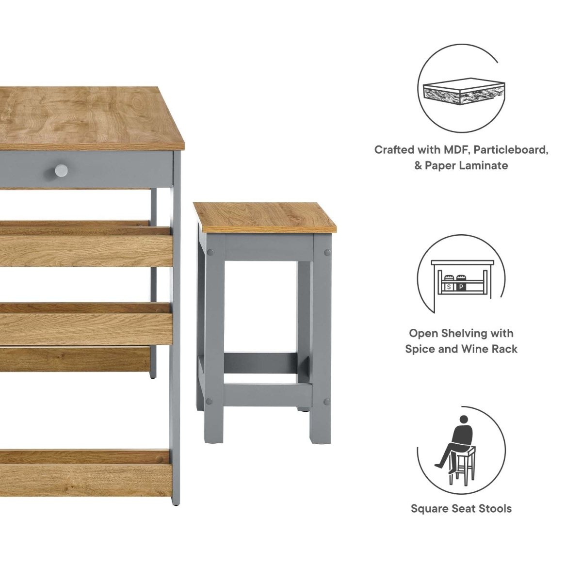 Galley 3 - Piece Kitchen Island and Stool Set - BUILDMYPLACE