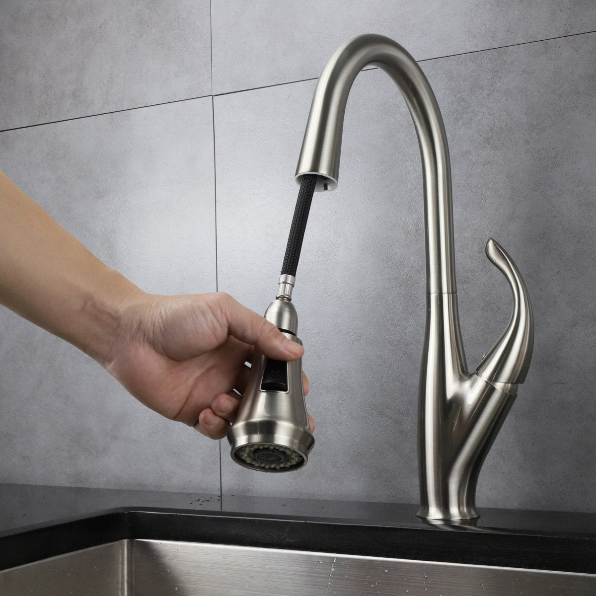 Garbatella Brass Kitchen Faucet w/ Pull Out Sprayer - Brushed Nickel - BUILDMYPLACE