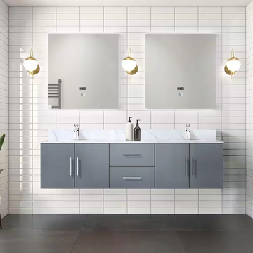 Geneva 72 In. Floating / Wall Mounted Dark Grey Bathroom Vanity With Double Undermount Ceramic Sink, White Carrara Marble Top