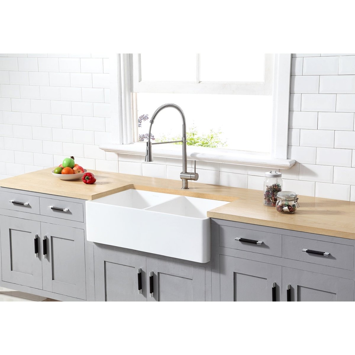 Gourmetier 33" x 18" Solid Surface Double Bowl Farmhouse Kitchen Sink, Matte White - BUILDMYPLACE