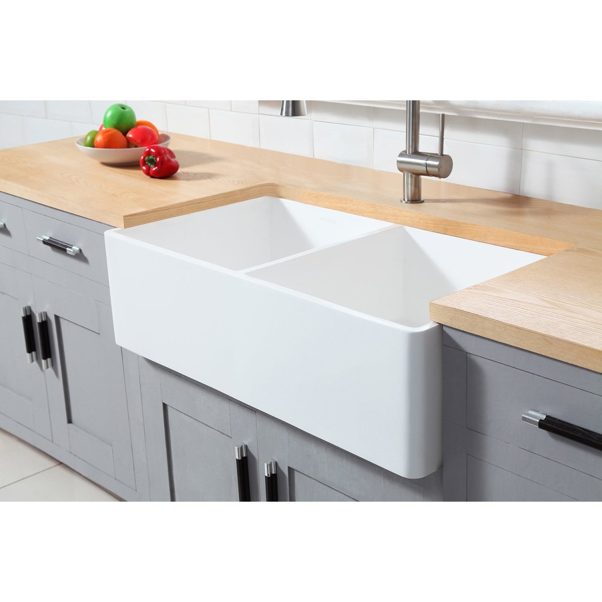 Gourmetier 33" x 18" Solid Surface Double Bowl Farmhouse Kitchen Sink, Matte White - BUILDMYPLACE