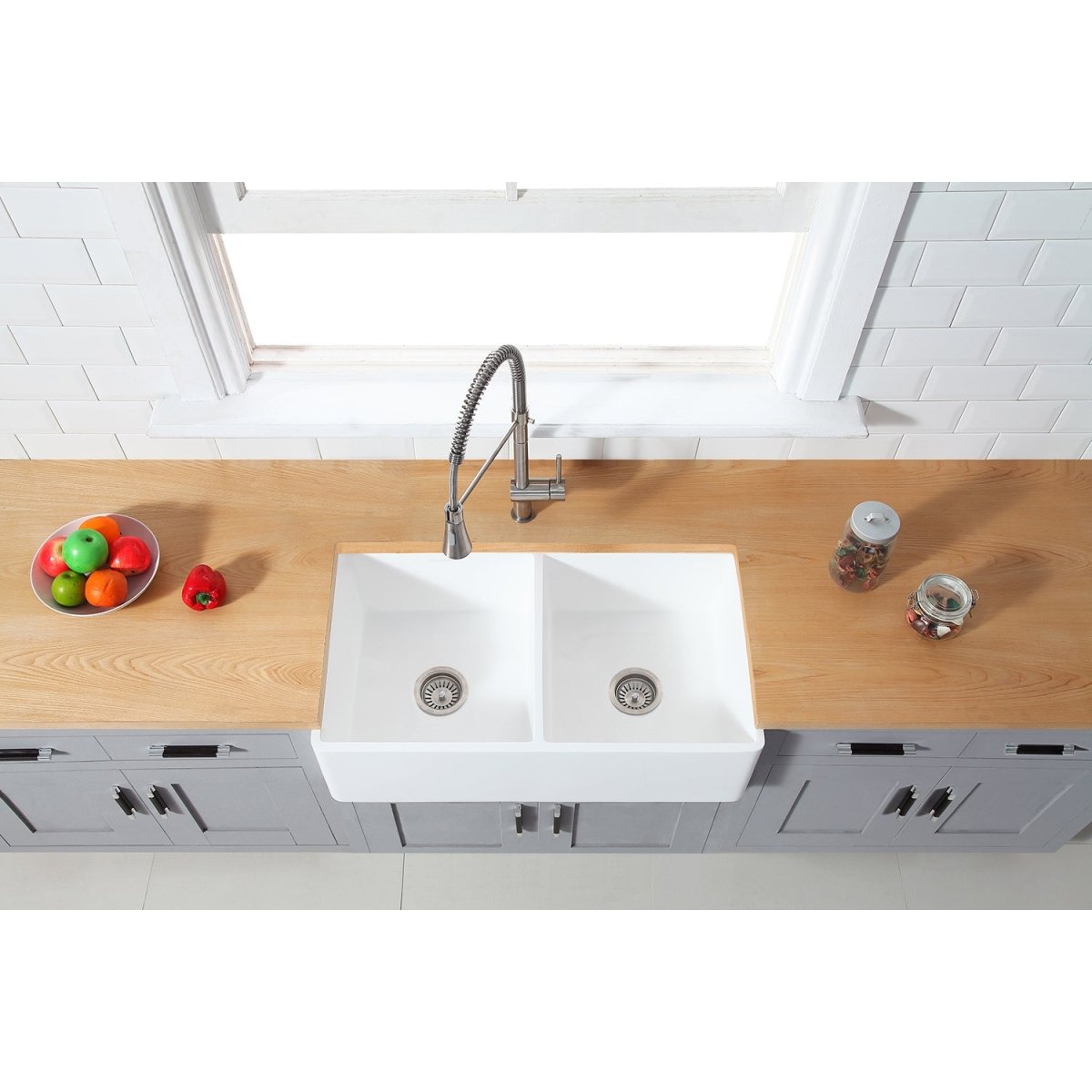 Gourmetier 33" x 18" Solid Surface Double Bowl Farmhouse Kitchen Sink, Matte White - BUILDMYPLACE