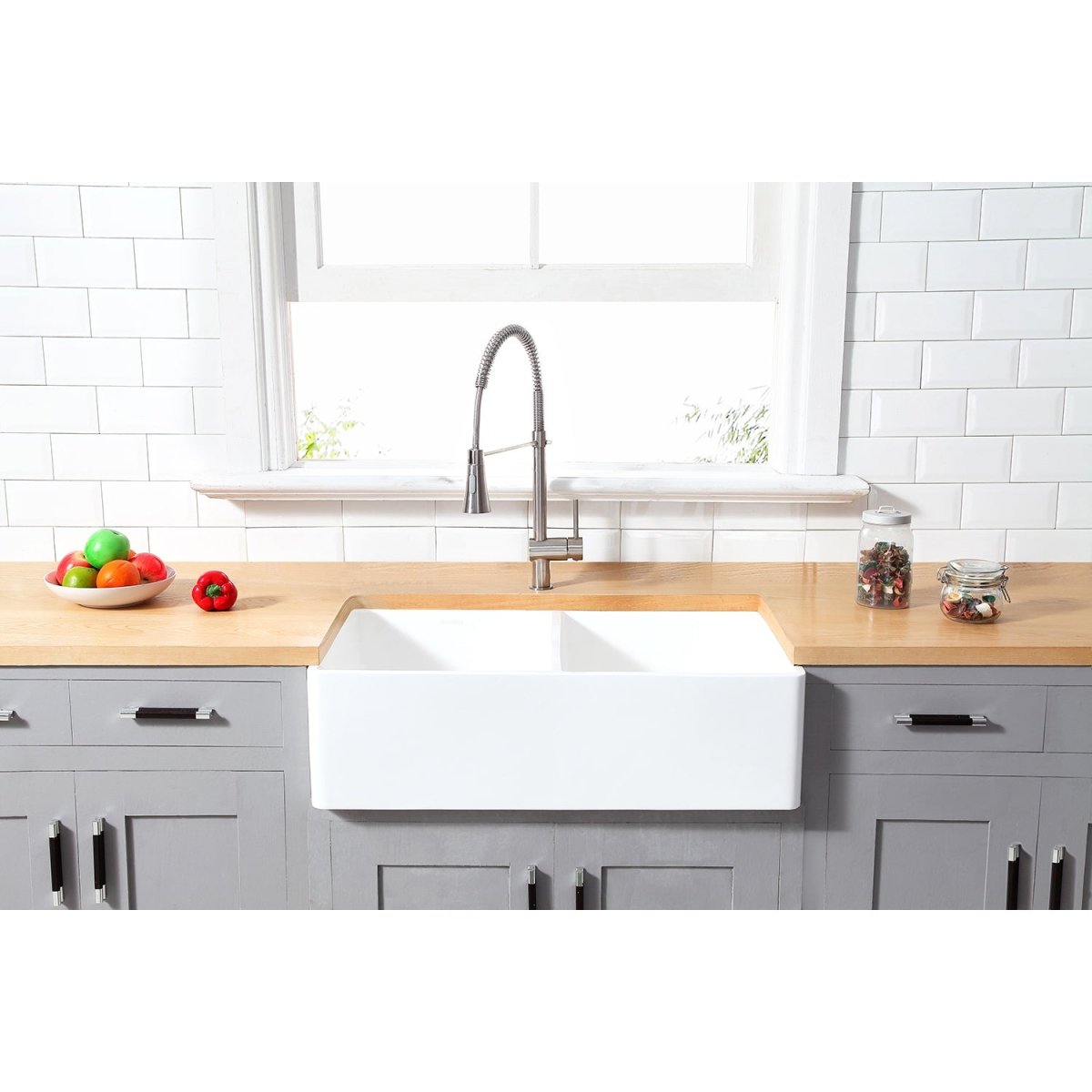Gourmetier 33" x 18" Solid Surface Double Bowl Farmhouse Kitchen Sink, Matte White - BUILDMYPLACE