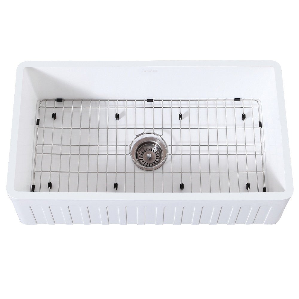 Gourmetier 36" x 18" Farmhouse Kitchen Sink with Strainer and Grid, Matte White/Brushed - BUILDMYPLACE