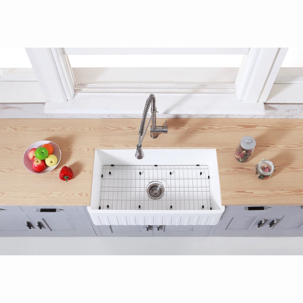 Gourmetier 36" x 18" Farmhouse Kitchen Sink with Strainer and Grid, Matte White/Brushed - BUILDMYPLACE