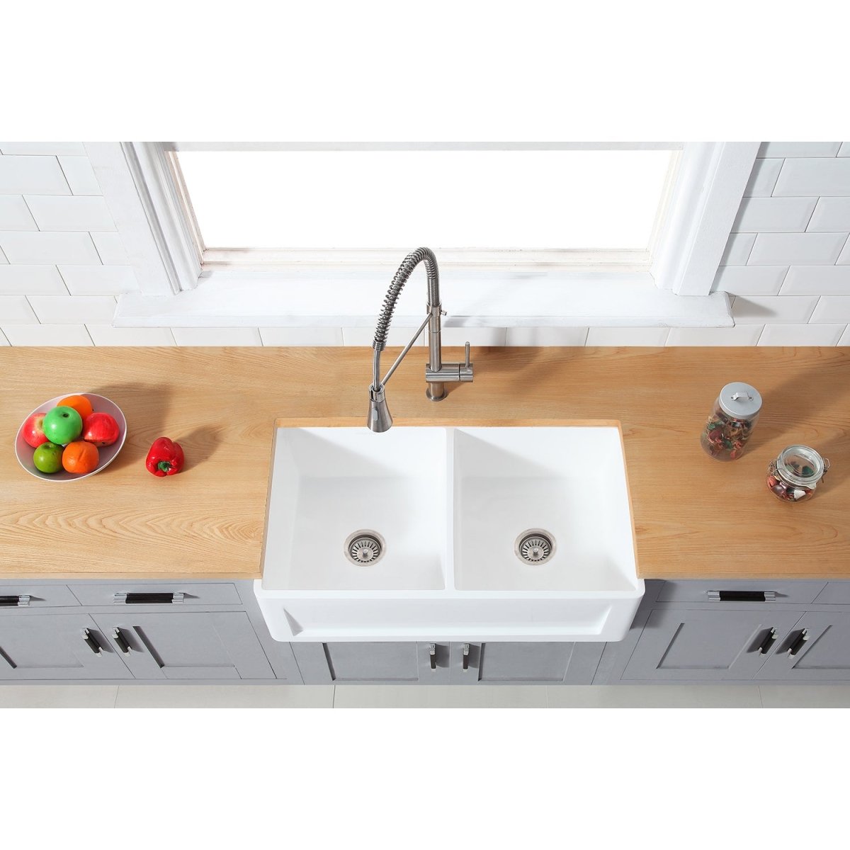 Gourmetier 36" x 18" Solid Surface Double Bowl Farmhouse Kitchen Sink, Matte White - BUILDMYPLACE