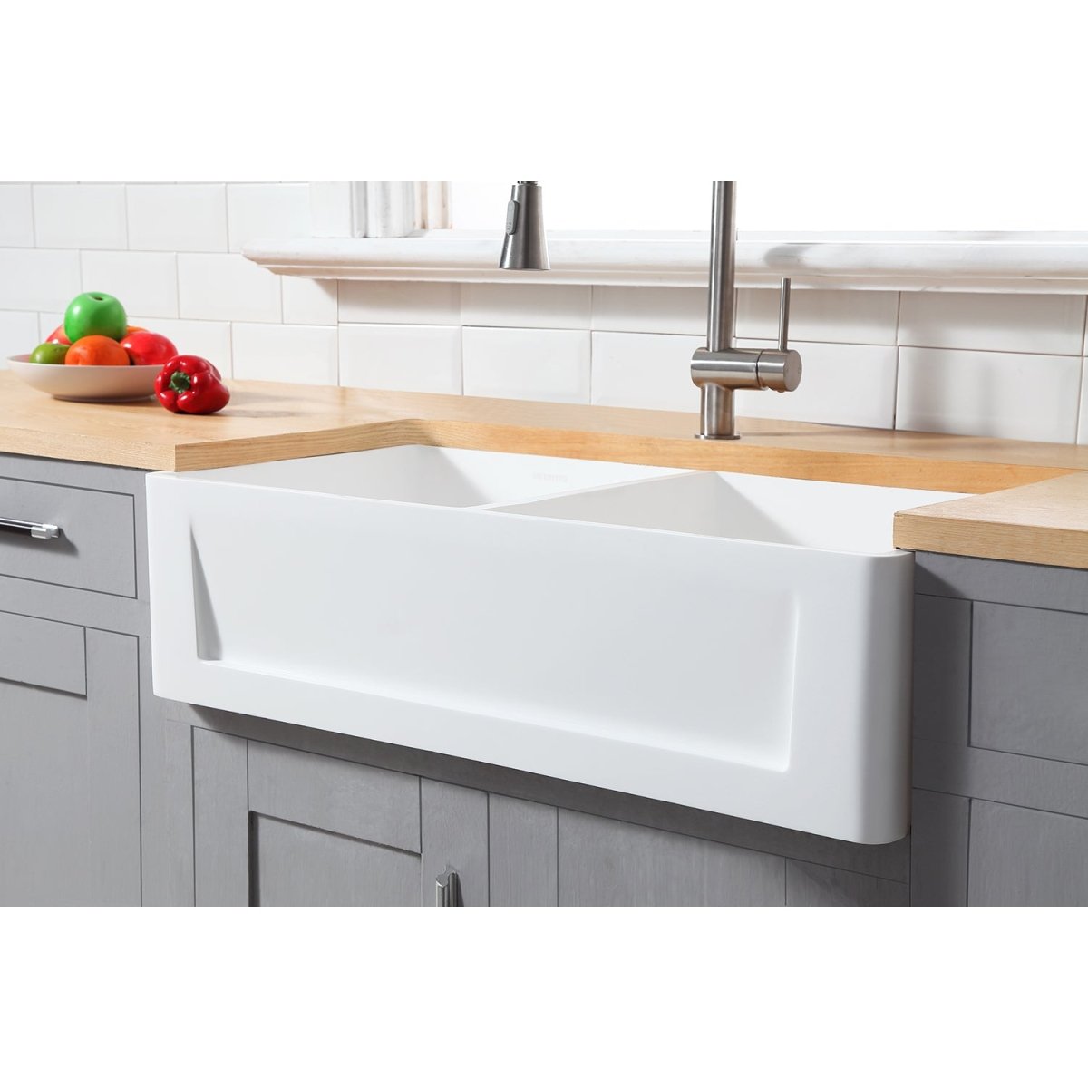 Gourmetier 36" x 18" Solid Surface Double Bowl Farmhouse Kitchen Sink, Matte White - BUILDMYPLACE