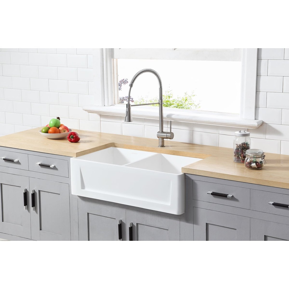 Gourmetier 36" x 18" Solid Surface Double Bowl Farmhouse Kitchen Sink, Matte White - BUILDMYPLACE