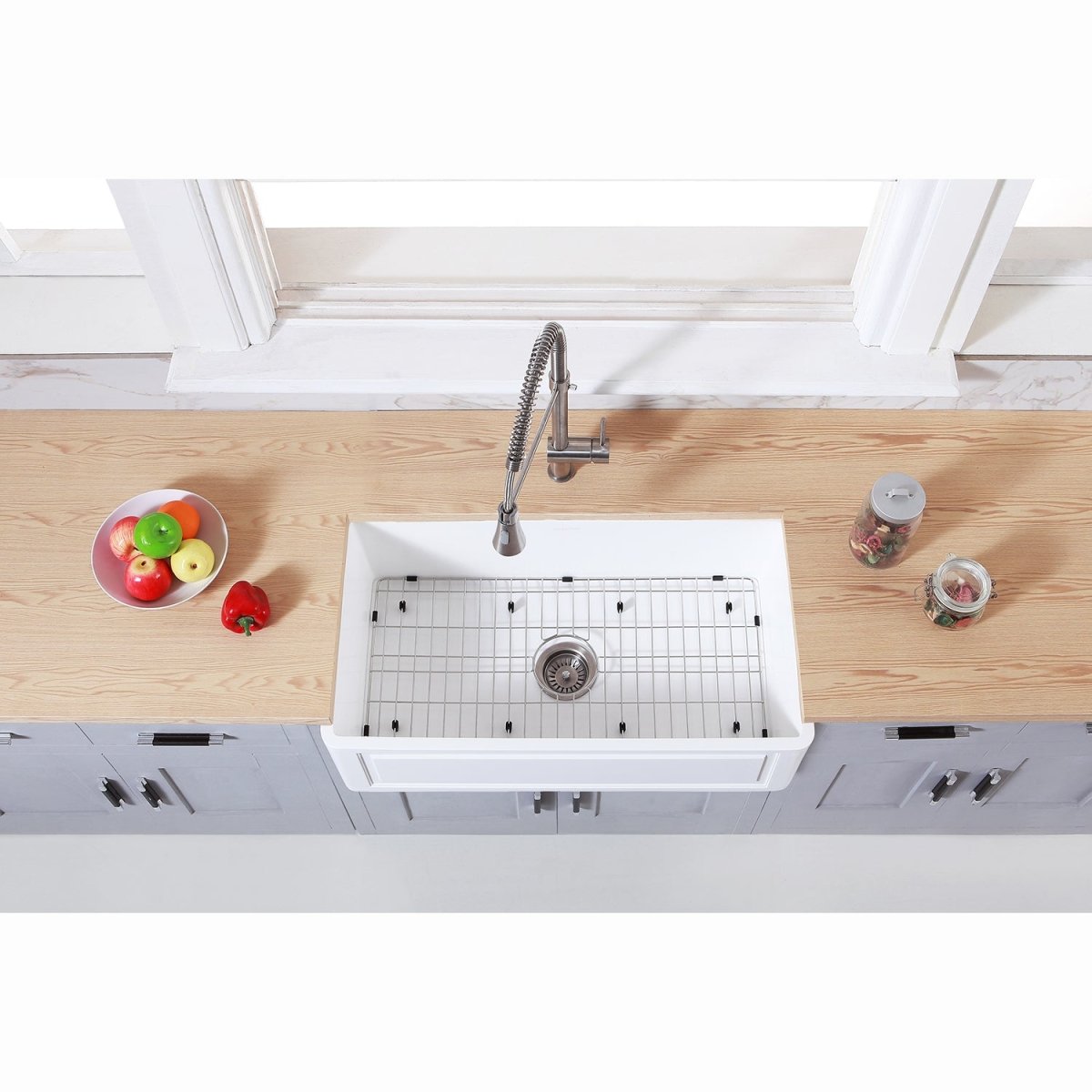 Gourmetier Farmhouse Kitchen Sink with Strainer and Grid, Matte White/Brushed - BUILDMYPLACE